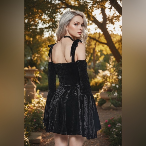 NWT Dolls Kill Widow Nocturnal Elegance Mini Dress in Black Velvet Silver Cross - Picture 5 of 16